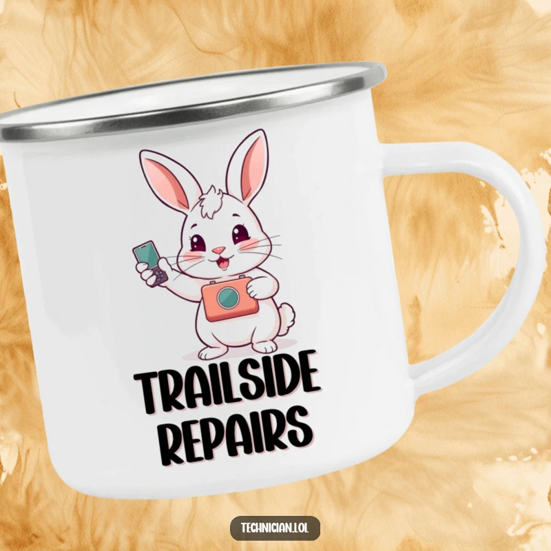 Funny camping mug with a proud rabbit holding a fixed gadget, perfect for outdoor beverages and celebrating fixing prowess.