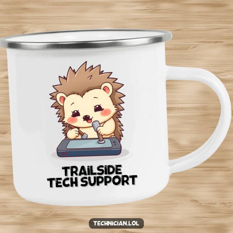Funny hedgehog camping mug showing a hedgehog with a tiny hammer ready to fix a campfire stove, a humorous outdoor tech theme.