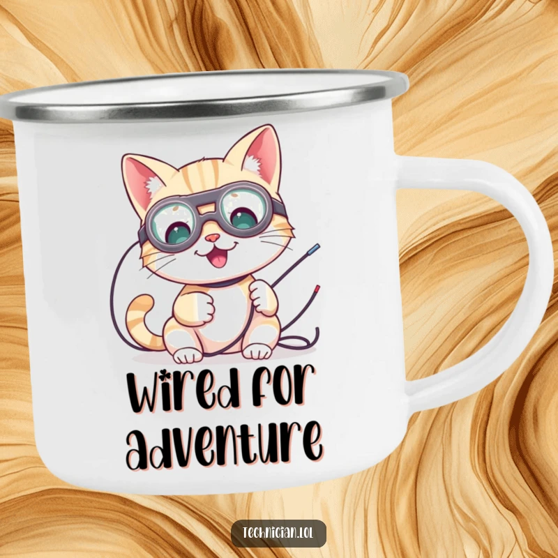 Funny camping mug featuring a cute cat wearing goggles, working on wires, great for outdoor tech humor.