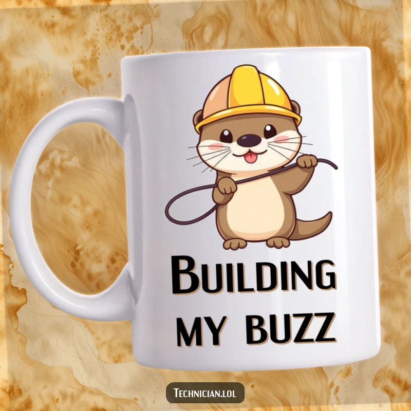 Funny mug with a playful otter wearing a hard hat and holding a wire, a humorous gift for handy people and animal lovers.