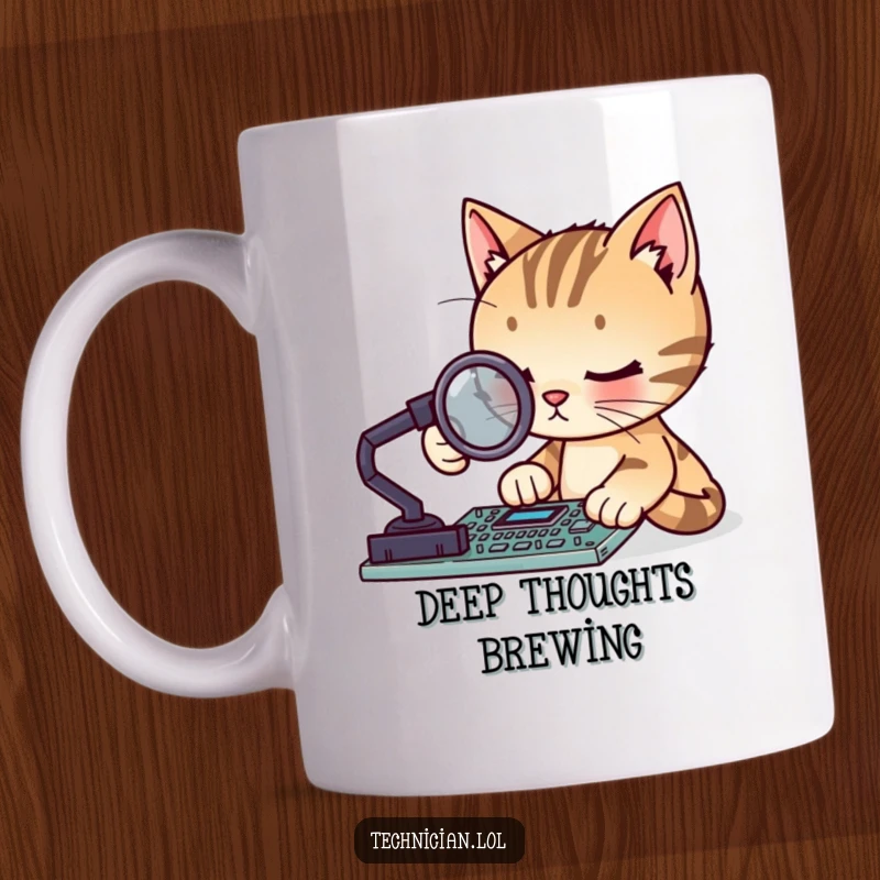 Funny focused cat with a magnifying glass examining a circuit board, on a coffee mug, ideal for a funny gift.