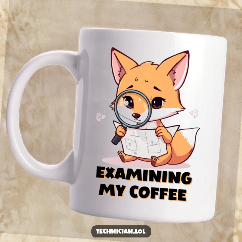 Funny fox investigator mug, a determined fox closely examining a complex diagram with a magnifying glass, looking intelligent.