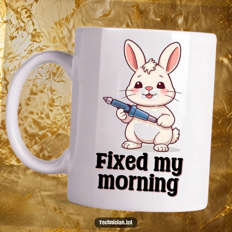 Funny Rabbit Mechanic Mug featuring a content rabbit looking satisfied while holding a screwdriver after a successful repair.
