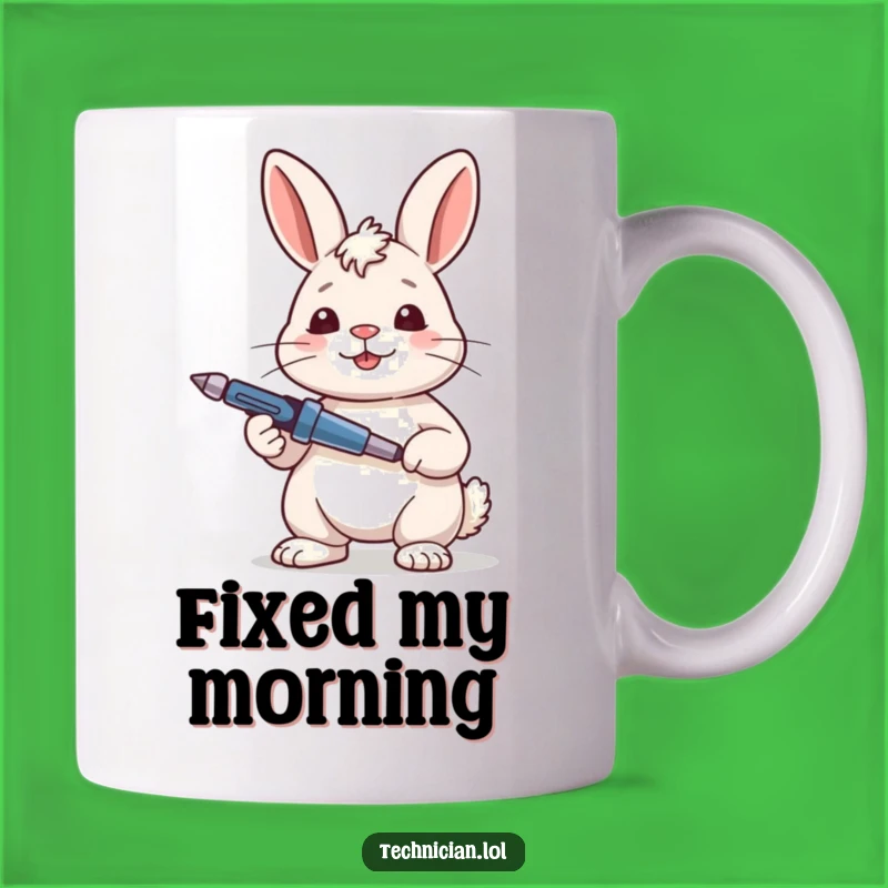 Funny Rabbit Mechanic Mug: Satisfied Fixer with Screwdriver, Perfect Gift