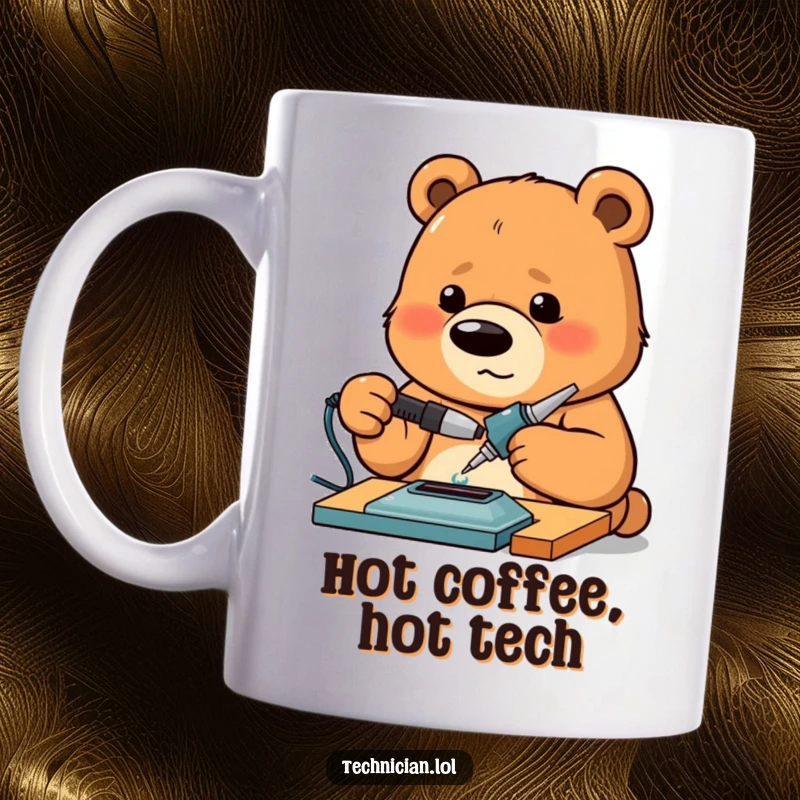 Funny Bear Engineer Mug featuring a proud bear intensely concentrating while operating a soldering iron, ready to create.