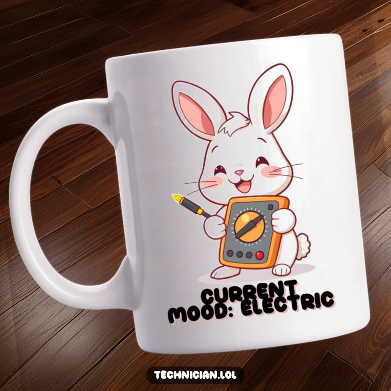 Funny bunny with a multimeter and glowing probes, expressing curiosity and tech excitement, perfect for an electrical engineering gift.