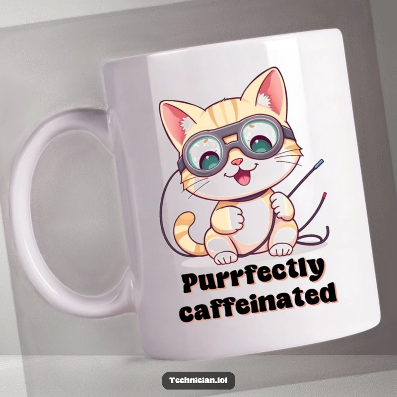 Funny mug with a cute cat wearing goggles, cheerly tinkering with exposed wires, a playful electrician.