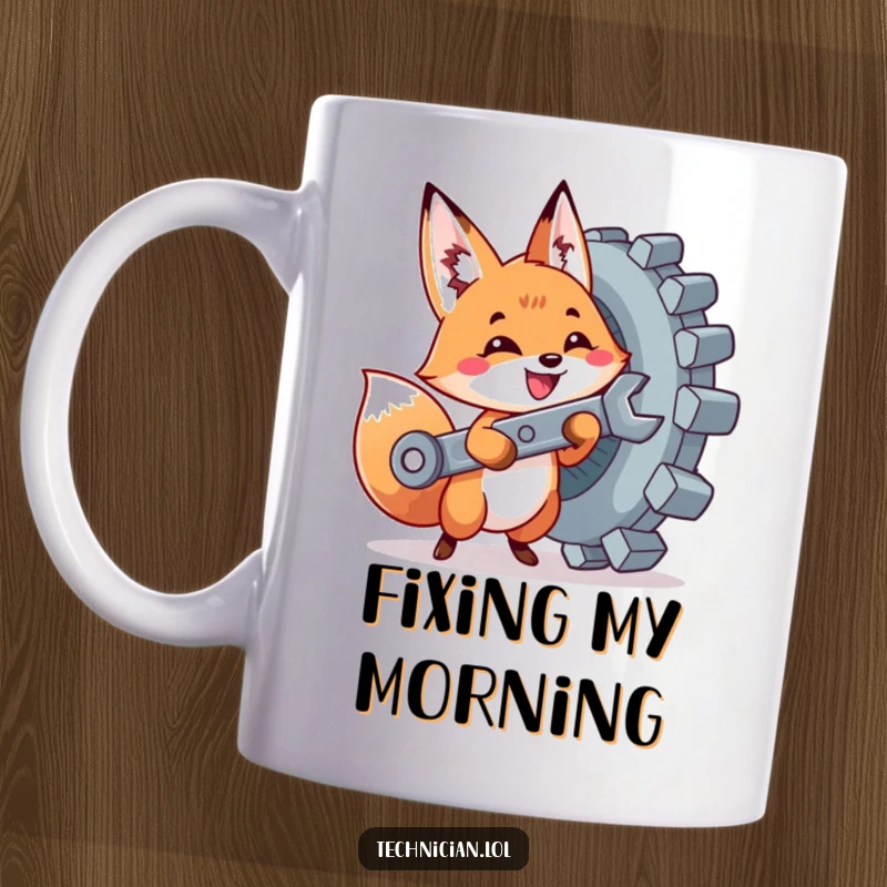 Funny mug showcasing a cute fox holding a wrench, excitedly tightening a giant bolt, symbolizing DIY enthusiasm.