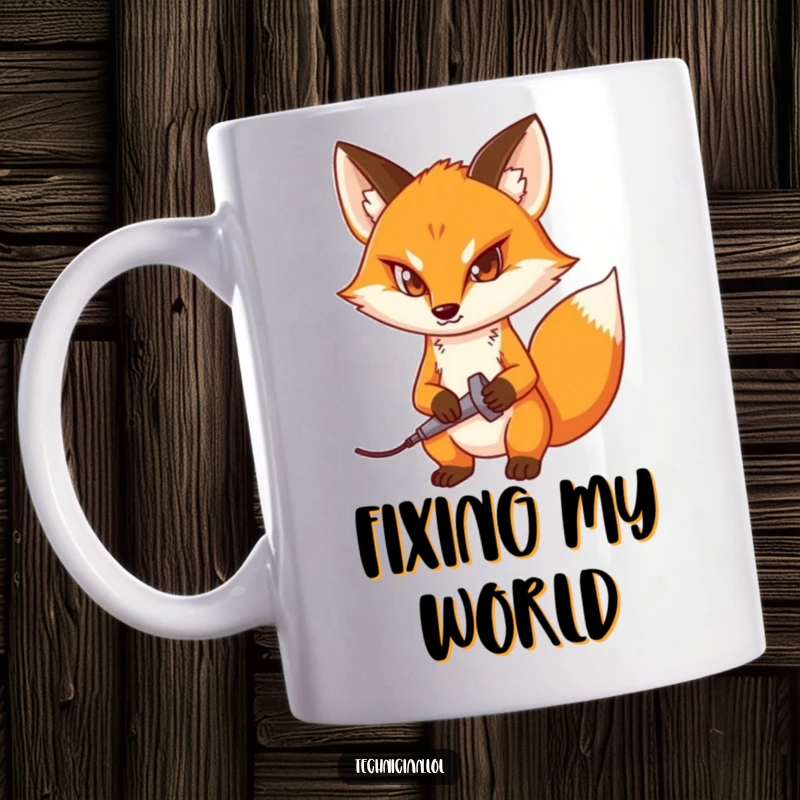 Funny mug showing a determined fox holding a soldering iron, embodying focus and engineering prowess for DIY enthusiasts.