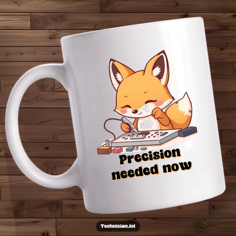 Funny Fox Tech Mug: An energetic fox meticulously manipulates tiny electronic components using tweezers, showcasing intense focus and skill.