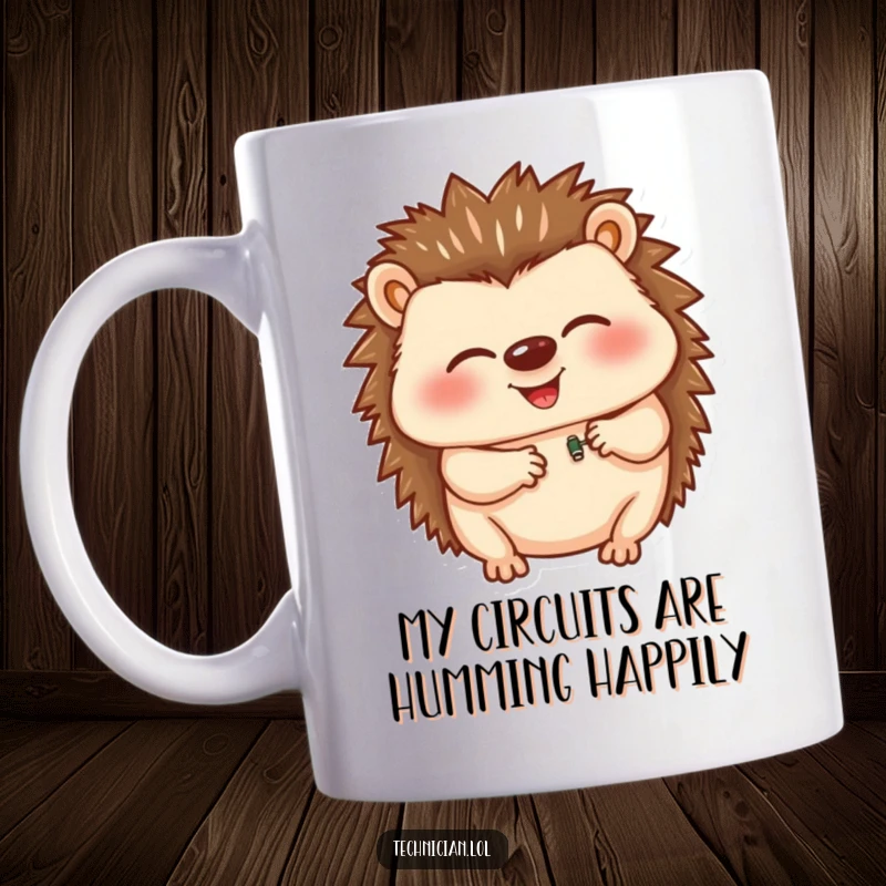Funny mug with a giggling hedgehog meticulously inserting a tiny electronic component, showcasing its joyful and focused personality for tech lovers.