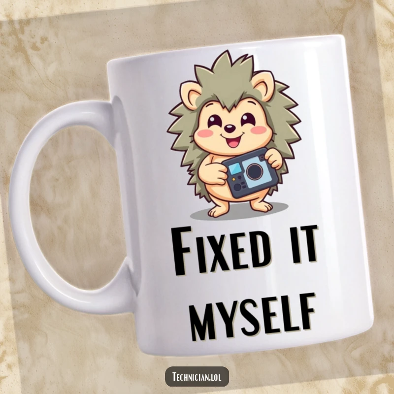 Funny mug showing a happy hedgehog holding up a repaired gadget with a big, triumphant smile, showcasing successful DIY.