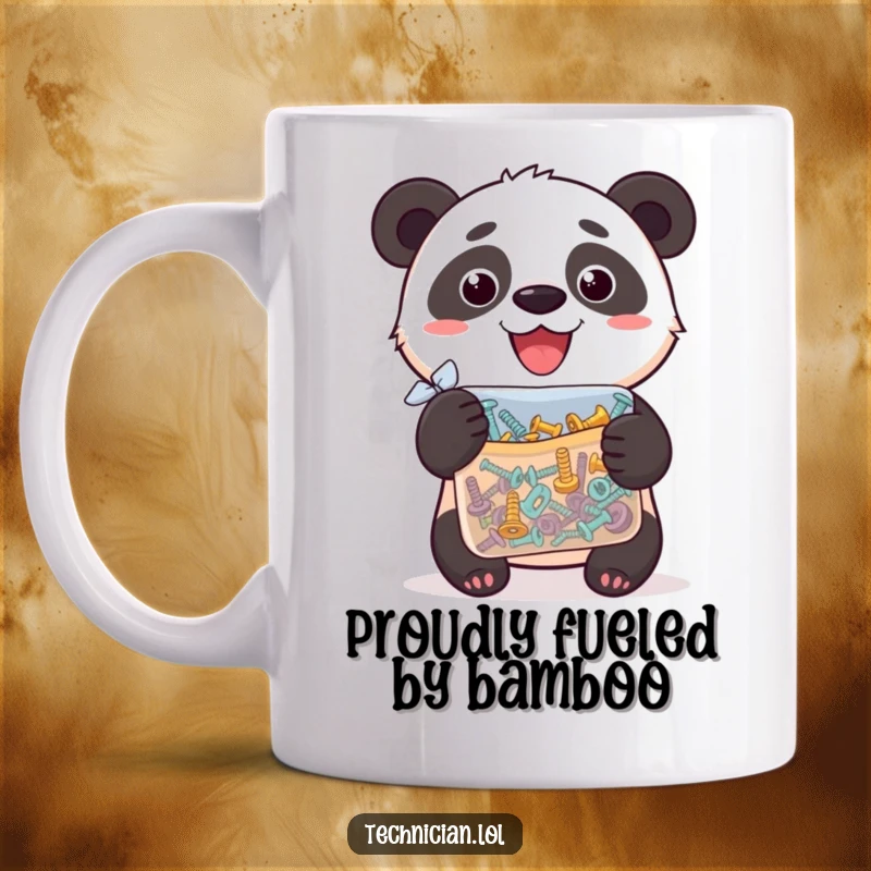 Funny panda holding a bag of assorted screws, looking very proud of its hardware haul, a humorous gift idea.