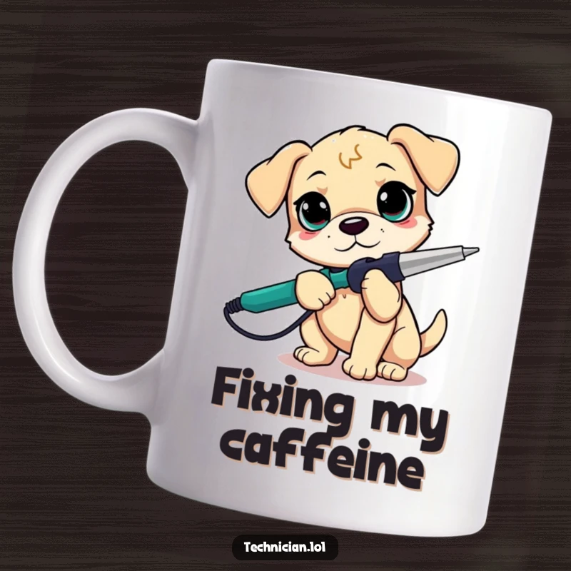 Funny, playful puppy with a soldering iron, looking determined, symbolizing DIY spirit and cuteness, perfect for a funny gift.