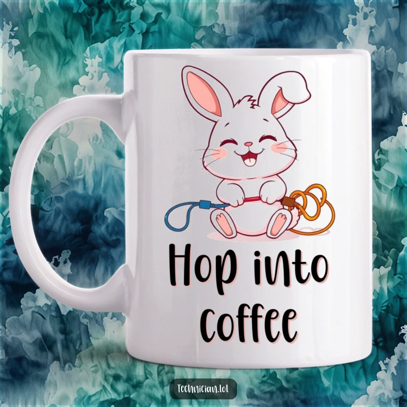 Funny mug with a giggling rabbit carefully connecting two colorful wires with a smile, a happy electrician.