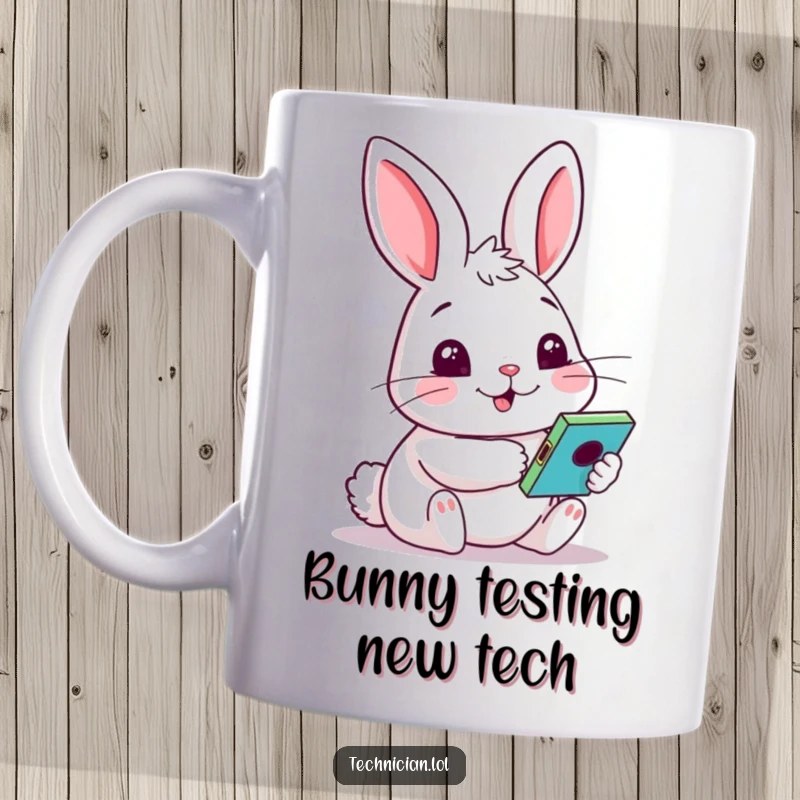 Funny mug showing a cheery rabbit with a curious face, intently testing a colorful, new gadget with wonder.