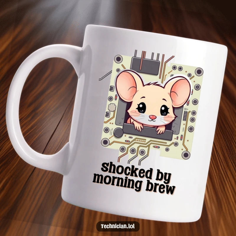 Funny shy mouse peeking curiously from a detailed circuit board, looking amazed, on a coffee mug.