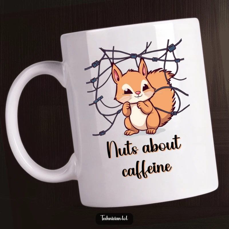 Funny mug, curious squirrel examining a complex network of wires, tech explorer, confused rodent.