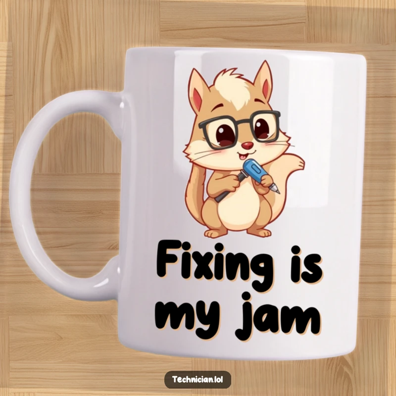 Funny mug showing a curious squirrel holding a screwdriver, intently analyzing a mysterious device with a focused, intelligent expression.