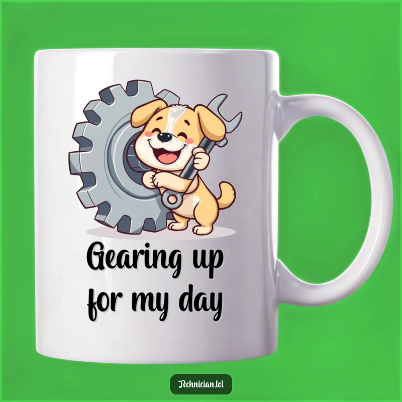 Funny Dog Mechanic Mug: Happy pup fixing gears, the perfect funny gift for canine lovers.