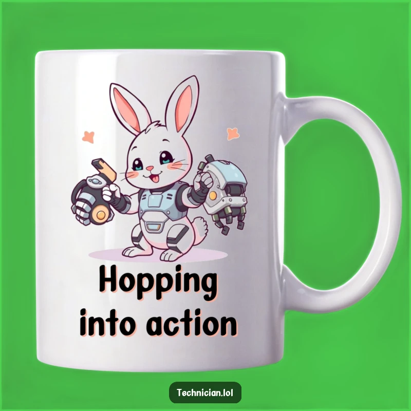 Funny Bunny Engineer Mug: Playful bunny with robot arm, a creative funny gift.
