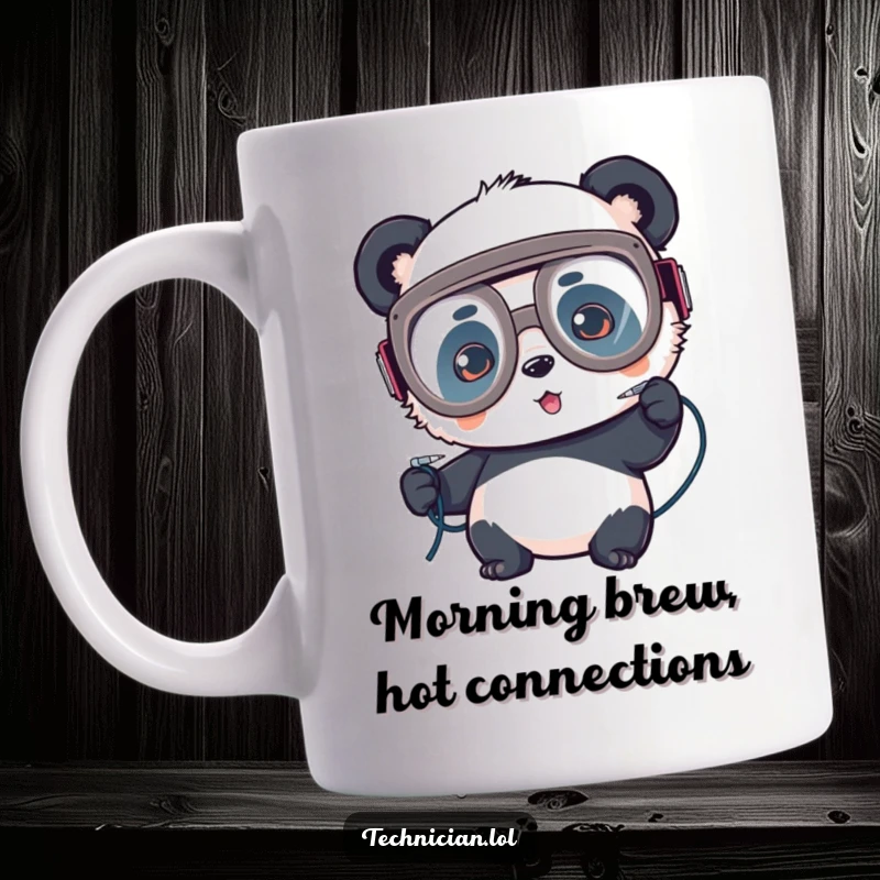 Funny mug, playful panda wearing large goggles, soldering wires with focus, brave electronics engineer.