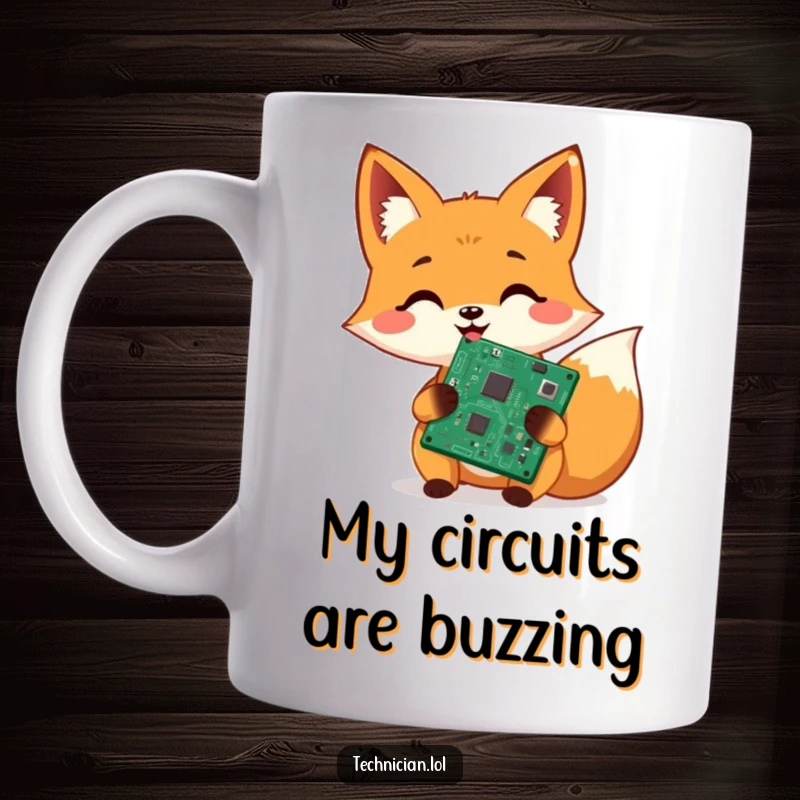 Funny mug, cheerful fox holding a shiny, repaired circuit board, proud tech repair, geeky gift idea.