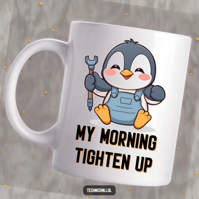 Funny penguin in overalls happily tightening a bolt with a wrench, looking proud of his work, perfect for mechanics.