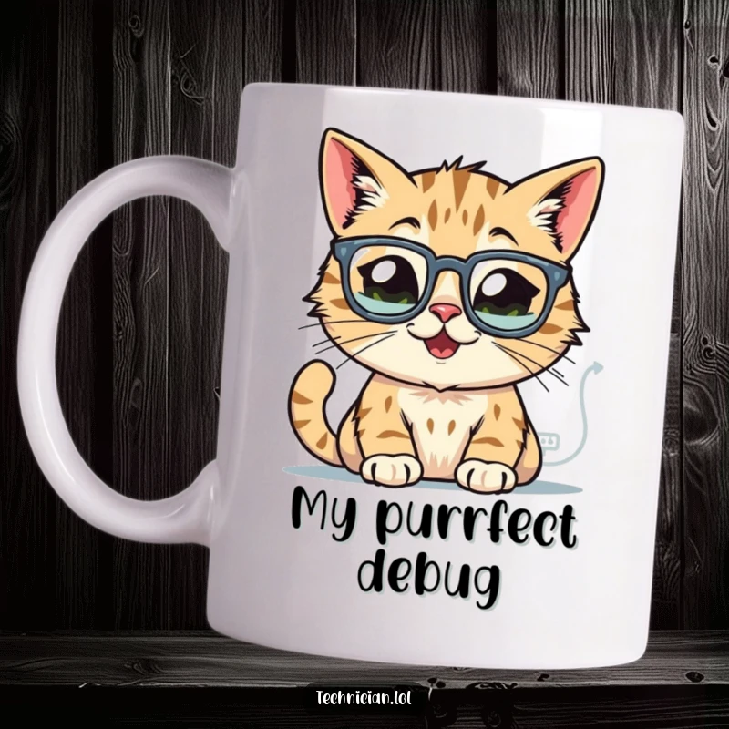Funny cat mug, wearing glasses, intently peering at glowing computer schematics, embodying intense focus and curiosity.