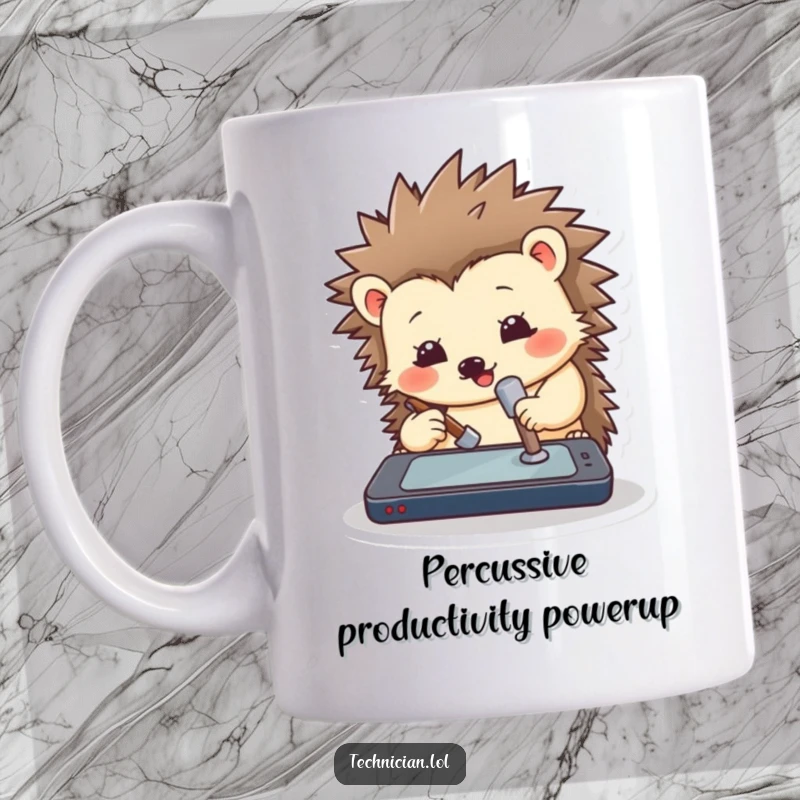 Funny hedgehog mug with a small hammer enthusiastically tapping a glowing device screen, showing tech frustration humorously.