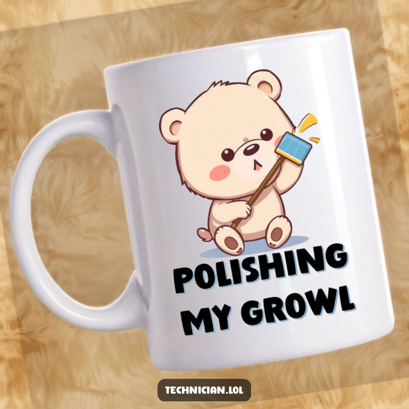 Funny bear mug showing a serious bear with a cloth polishing a shiny metallic surface to a perfect gleam, emphasizing cleanliness.