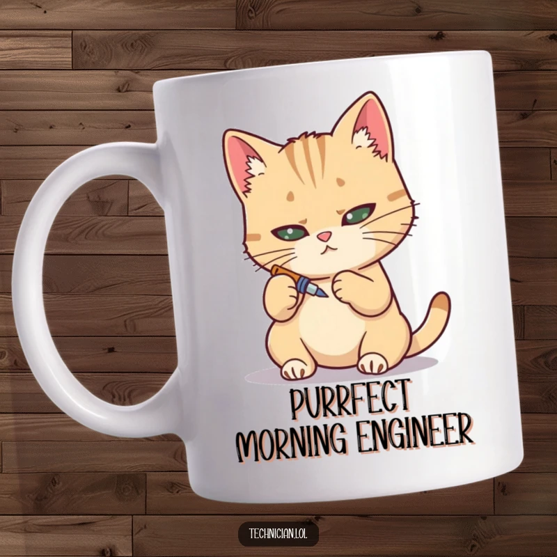 Funny mug, determined cat using a tiny screwdriver with precise movements, skilled feline mechanic, DIY humor.