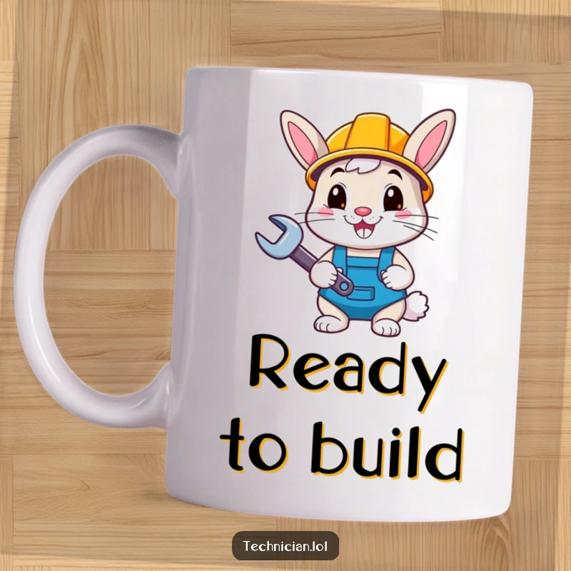 Funny happy bunny wearing a hard hat and holding a wrench, ready for DIY projects, on a coffee mug, great funny gift.
