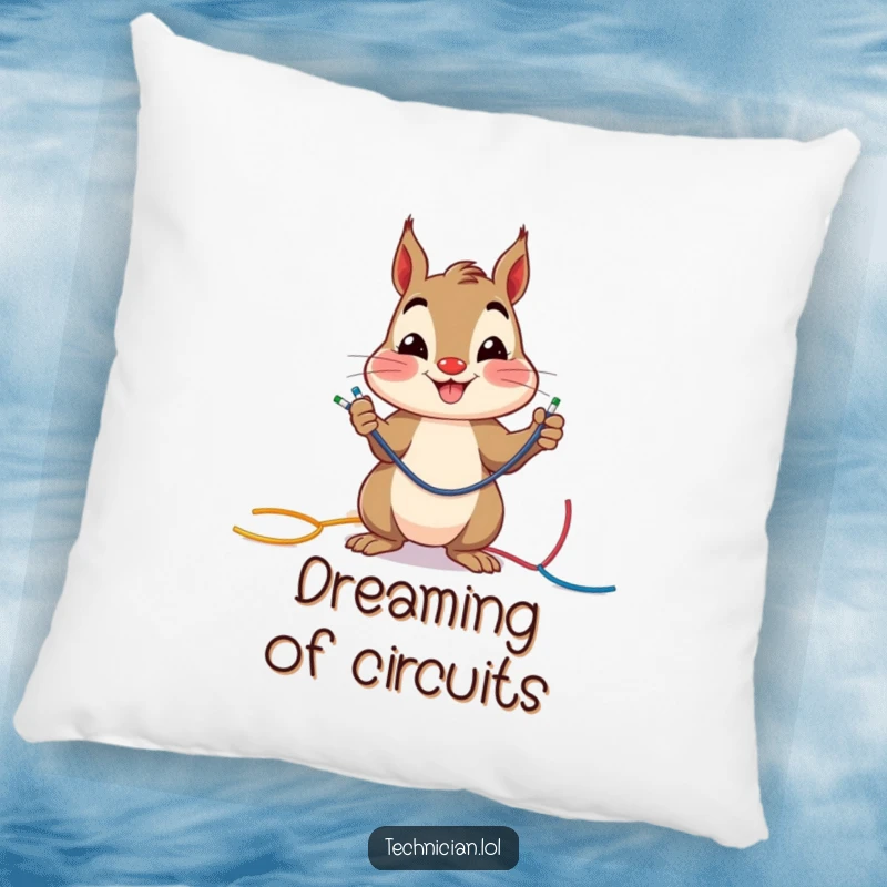 Funny cheerful squirrel smiling while connecting colorful wires, featured on a soft pillow, great funny gift.