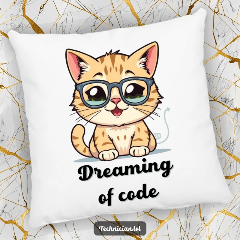 Funny cat pillow, wearing glasses, peering intently at glowing computer schematics, offering comfort and smart style.