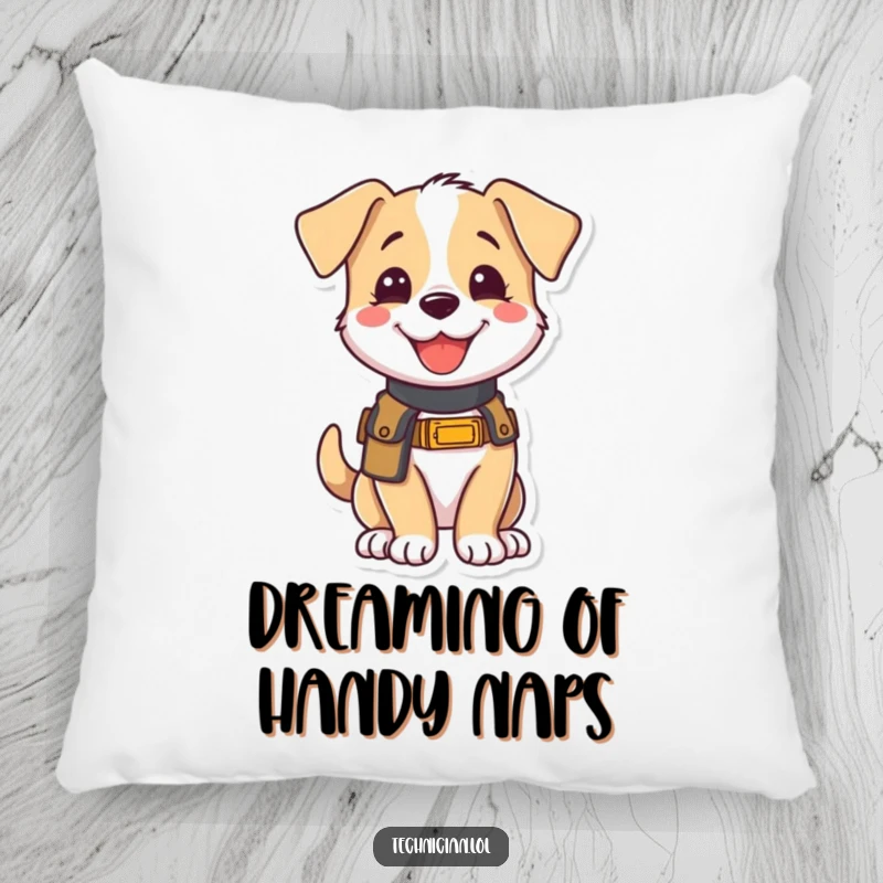 Funny pillow featuring a joyful puppy wearing a tool belt, looking eager to help, offering a soft and humorous touch for relaxation.