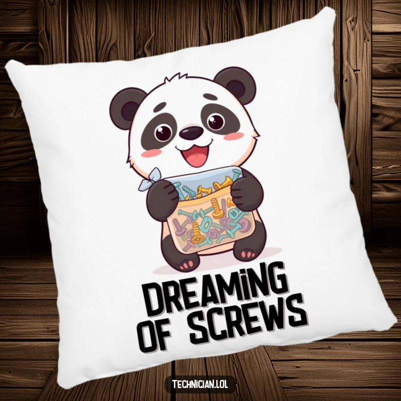 Funny pillow with a silly panda looking proud while holding a bag full of assorted screws, perfect for comfort.