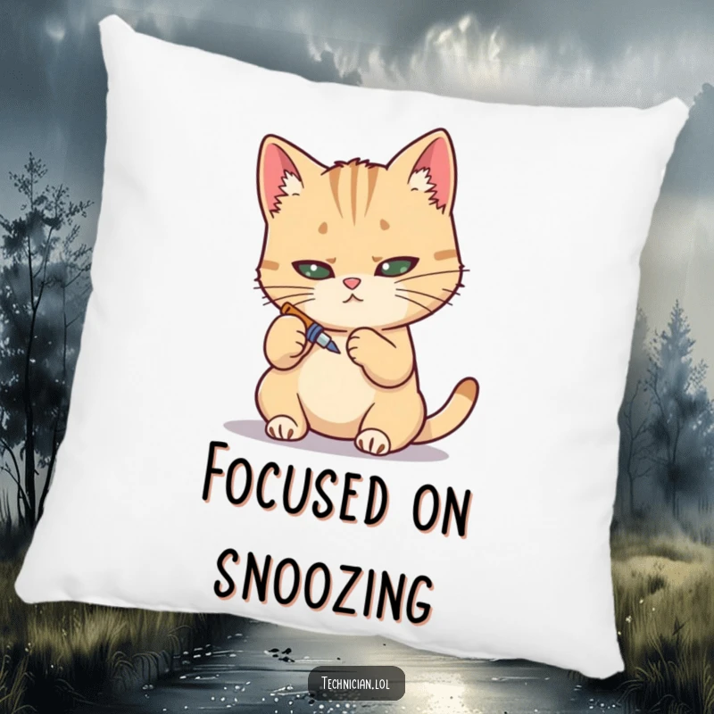 Funny pillow, determined cat using a tiny screwdriver, precision work cushion, cozy mechanic.