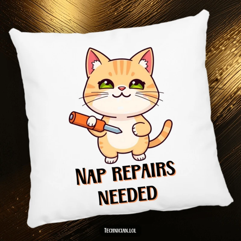 Funny pillow with a smiling, determined cat holding a screwdriver, providing comfort and focused humor, a great funny gift.