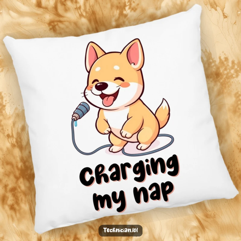 Funny dog pillow showing a joyful, bouncing dog plugging a colorful cable into a port, conveying happiness and tech readiness.