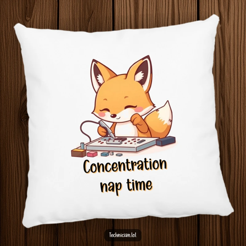 Funny Fox Tech Pillow: An energetic fox uses tweezers on tiny components, bringing a sense of concentration and humor to your comfort.