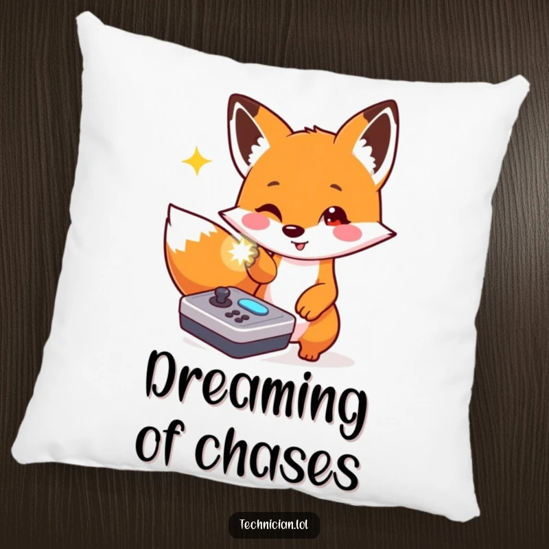 Funny pillow featuring a playful fox pointing at a flashing light on a console, perfect for cozy gaming vibes.