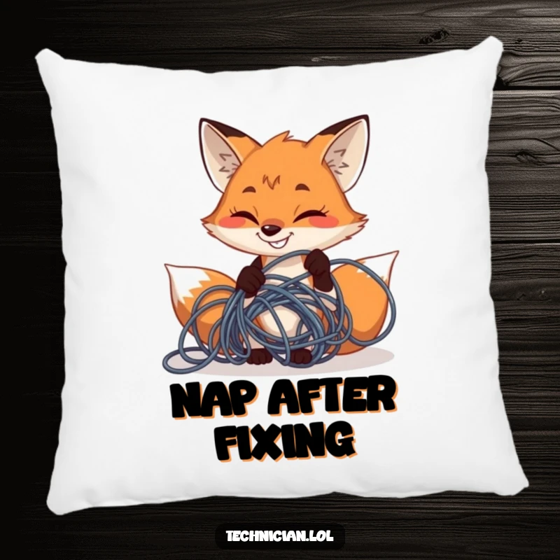 Funny determined fox grinning while fixing tangled wires, featured on a soft pillow, great funny gift.