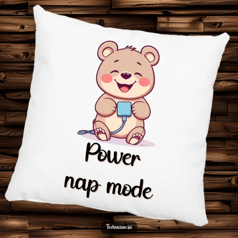 Soft, decorative pillow featuring a giggling bear plugging in a cable, perfect for couches and beds.