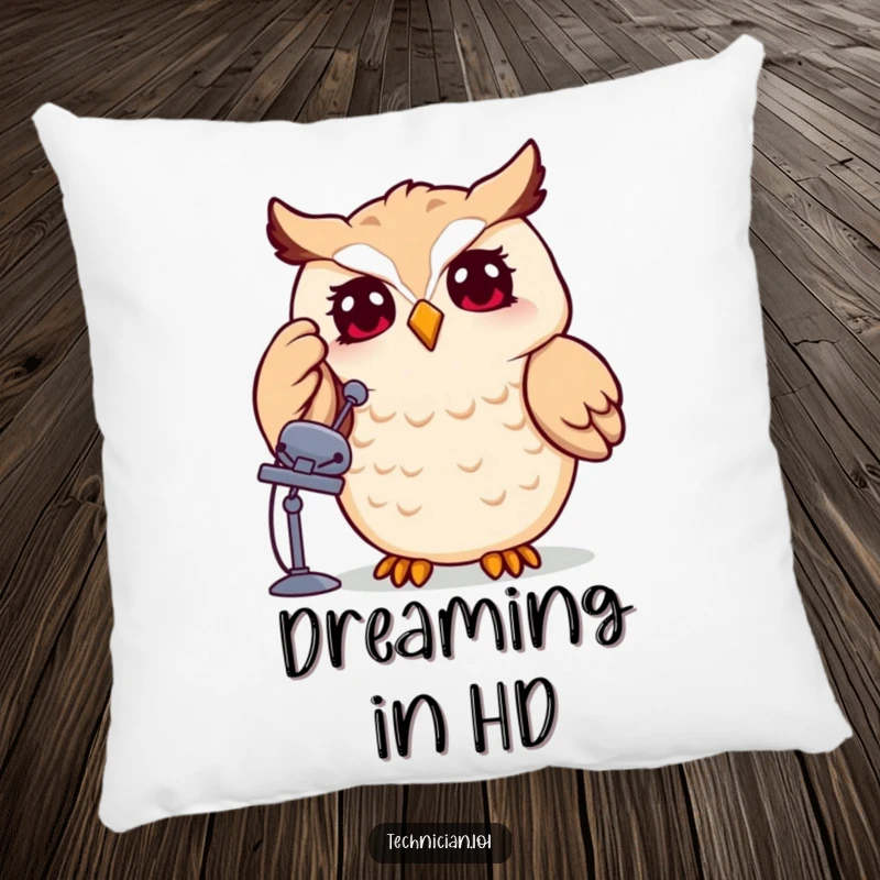 Funny owl with a satellite dish on a soft pillow, whimsical tech design, perfect funny gift.