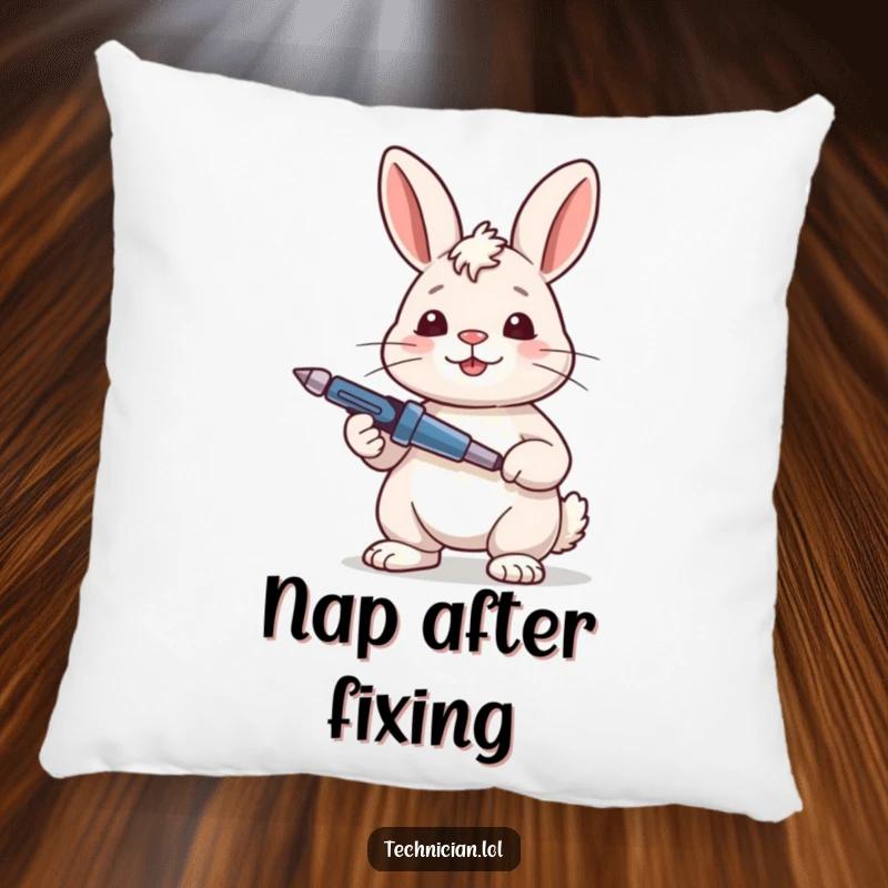 Funny Rabbit Pillow featuring a content rabbit looking satisfied while holding a screwdriver, designed for comfort and a sense of accomplishment.