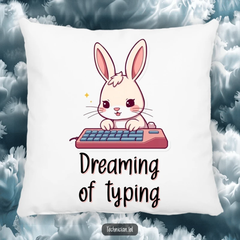 Funny rabbit pillow, determinedly tapping a keyboard, offering comfort and a symbol of hard work.