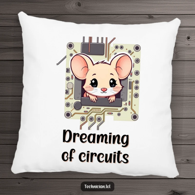 Funny shy mouse peeking with wonder from a circuit board, designed on a plush pillow for comfort.