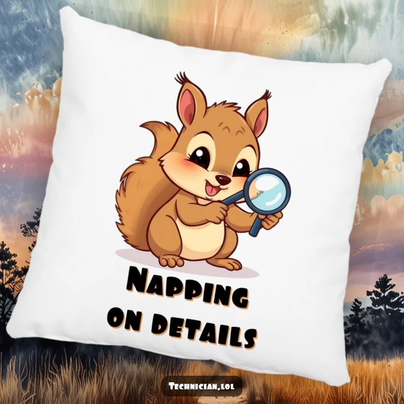 Funny Pillows: A gleeful squirrel examines circuits with a magnifying glass, offering comfort and humorous intellectual vibes as a charming accent pillow.