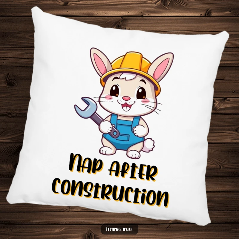 Funny happy bunny with hard hat and wrench, featured on a soft pillow, great funny gift.